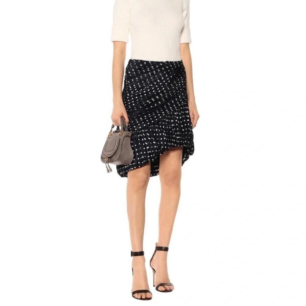 Tory Burch Bubble Skirt Side Ruched Mini in Navy Polka Dot Satin Silk